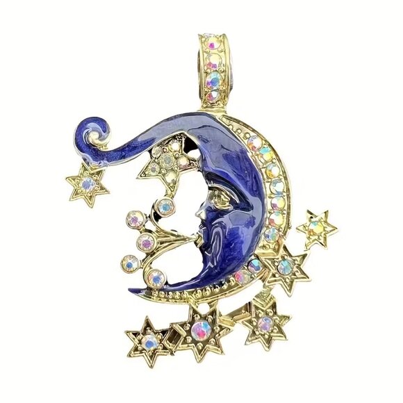 Moon & Stars Enamel Celestial Iridescent Crystals CONVERTIBLE Brooch Pendant - Picture 2 of 4